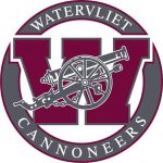A circular Watervliet Cannoneers logo featuring a large maroon letter "W" and a cannon graphic.