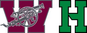 Maroon letter "W" with a grey cannon overlay next to a green letter "H".