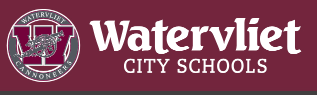 Logo for Watervliet City Schools, reading "Watervliet City Schools" next to a circular emblem featuring a large letter "W" with a cannon graphic, surrounded by the words "Watervliet Cannoneers."